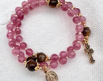 Blush Pink and Tawny Brown Wrap Around Rosary Bracelet | Strawberry Quartz Tigerseye Combo, Gold Tone Miraculous Medal & Cross - Gift