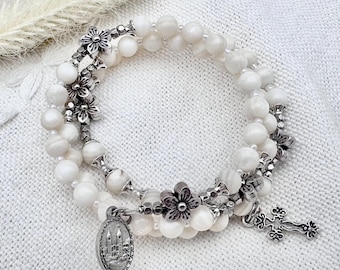 White Mother of Pearl Wrap Around Rosary Bracelet |  MoP and Silver Plated Flower Combo, Silver Toned OL of Medjugorje Medal & Cross, Gift