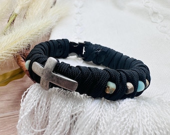 Black Samarai Wrap Paracord Blue Jasper Stone Beaded Bracelet - One Decade - Catholic Rosary - Baptism Gift - Catholic Gift - Confirmation