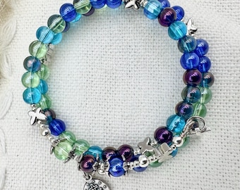 Peacock Blue and Green Butterfly Wrap Around Rosary Bracelet | Blue and Green Glass Beads Combo, Silver Toned Miraculous Medal & Cross, Gift