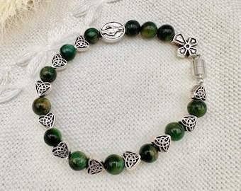 Green Tigers Eye Irish 1 Decade Rosary Bracelet | Celtic Knot Heart beads w/ Magnetic Clasp, Silver Toned OL of MM Bead, Catholic Gift