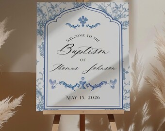 Placa de boas-vindas para batismo em toile de alumínio tradicional azul-aço | Estampa floral vintage com cruz | Modelo editável | 18x24