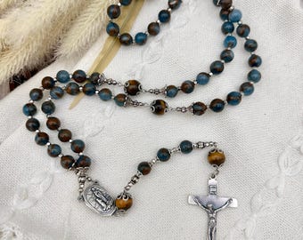 Blue & Copper Jasper Beaded Silver Toned Rosary with OL of Lourdes Water Rosary Center | Handmade | Silver Toned Medal Cross, Catholic Gift