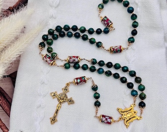 Green Tigerseye & Red Cloisonné Stone Bead Gold Tone Rosary of OL Miraculous Medal - Handmade - Prayer Beads with Sunflare Cross