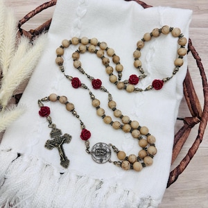 Gold Marble Beige Glass & Red Rose Stone Bronze Tone Rosary of Our Lady of Guadalupe  - Handmade - Prayer Beads with Pardon Indulgence Cross