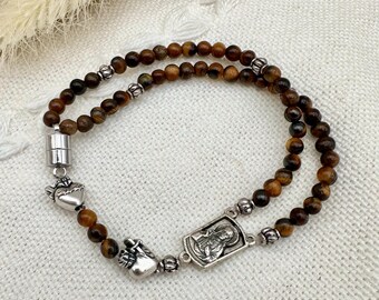 Chestnut Brown Tigerseye 5 Decade Rosary Bracelet | Heart of Jesus beads w/ Magnetic Clasp, Silver Toned Sacred Heart Center, Catholic Gift