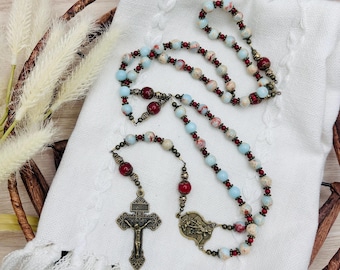 Quartz & Sky Blue Jasper Stone Bead Bronze Tone Rosary of St. Michael the Archangel - Handmade - Prayer Beads with Pardon Indulgence Cross