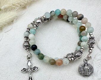 Verdant Amazonite Wrap Around Rosary Bracelet |  Amazonite and Silver Toned Flower Combo, Silver Toned Saint Benedict Medal & Crucifix, Gift
