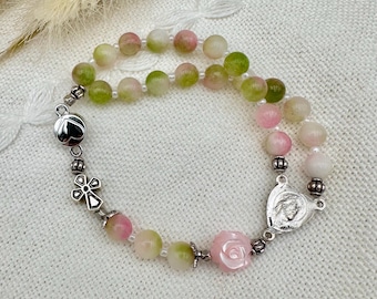 Watermelon Quartz 2 Decade Rosary Bracelet | Pink Green Quartz w/ Magnetic Clasp, Silver Toned Our Lord and Lady Center, Catholic Gift