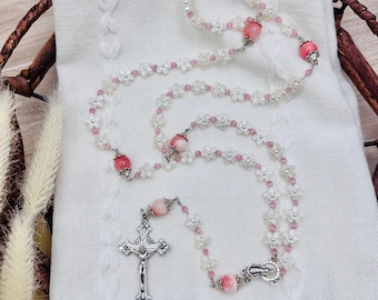 Precious Pearlescent White Flower & Pink Jade Stone Beads Silver Tone Rosary Micraculous Medal - Handmade - Prayer Beads with Sunflare Cross