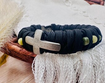 Black Samarai Wrap Paracord Green Jade Stone Beaded Bracelet - One Decade - Catholic Rosary - Baptism Gift - Catholic Gift - Confirmation