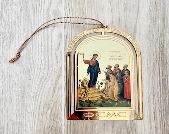 Ornamento vintage do Centro de Missão Cristã Ortodoxa (OCMC) | Ícone da Grande Comissão • Moldura de metal dourado | Ornamento de Natal em estilo bizantino