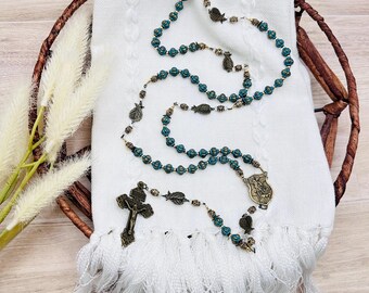 Turquoise Toned Metal & Bronze Winged Rosary of St. Michael the Archangel - Handmade - Prayer Beads with Pardon Indulgence Cross