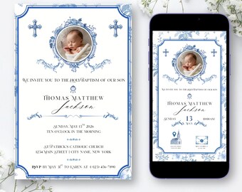 Convite de Batizado Tradicional em Azul Aço com Estampa Toile | Modelo Editável com Estampa Floral Vintage e Cruz | 3 Tamanhos Inclusos
