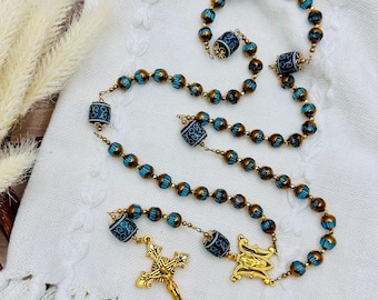Blue Aqua Coppertone Glass Bead Gold Tone Rosary of Our Lady of the Miraculous Medal - Handmade - Prayer Beads with Sunflare Cross