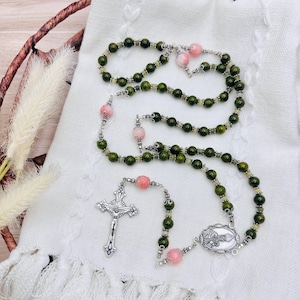 Green Quartz & Pink Jade Stone Bead Silver Tone Rosary of Saint Patrick - Handmade - Prayer Beads with Sunflare Cross