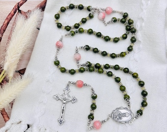 Green Quartz & Pink Jade Stone Bead Silver Tone Rosary of Saint Patrick - Handmade - Prayer Beads with Sunflare Cross