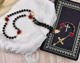 Black w/ Gold Marbling and Red Rose Gold Tone Rosary of Our Lady of the Miraculous Medal - Handmade - Prayer Beads with Crucifix