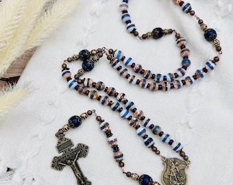 Blue & White Agate, Lapis Stone Bead Bronze Tone Rosary of St. Michael the Archangel - Handmade - Prayer Beads with Pardon Indulgence Cross