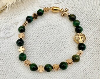 Green Tigers Eye Irish 1 Decade Rosary Bracelet | Gold Toned Shamrock beads w/ Magnetic Clasp, Gold Toned St. Benedict Bead, Catholic Gift