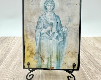 Ícone ortodoxo em placa de madeira | São Trifão, o Mártir Bizantino, 15 x 10 cm