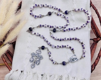Floral Amethyst & Ceramic Beaded Silver Tone Rosary with OL of Lourdes Water Rosary Center - Handmade - Pardon Miraculous Medal Cross