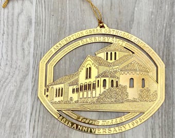 Ornamento vintage de 1998, banhado a ouro 24k, da Igreja Ortodoxa Grega da Assunção de Danbury, CT, comemorativo do 60º aniversário | Χρόνια Πολλά