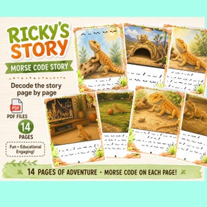 Peut inclure: Un produit éducatif numérique intitulé RICKY'S STORY MORSE CODE STORY comprenant 14 pages d'aventures illustrées avec un dragon barbu. Chaque page présente une scène colorée et des séquences en code Morse à décoder, au format PDF.