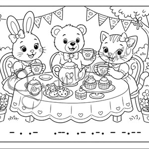 May include: Black and white illustration of a tea party with a rabbit, bear, and cat. The table is set with a teapot, teacups, biscuits, cupcakes, and a cake. The scene is decorated with hearts and flowers.