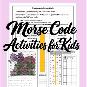 Może przedstawiać: Różowa, oprawiona arkusz edukacyjny zatytułowany "Morse Code Activities for Kids". Arkusz zawiera instrukcje dotyczące mówienia kodem Morse'a, wyszukiwanie słów i sekcję do pisania imion w kodzie. Dołączony jest obraz kwiatowy.