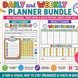 Puede incluir: Un colorido paquete de planificadores diarios y semanales con el texto "Daily and Weekly Planner Bundle". El planificador incluye una lista de verificación diaria, un horario semanal y secciones para rastrear el estado de ánimo y los objetivos.