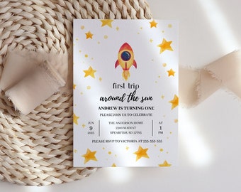 Astronaut Birthday First Trip Around the Sun Invitation, First Birthday, Blast off Birthday, Galaxy Outer Space First Birthday, Printable