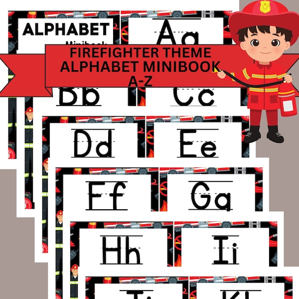 Alphabet Flashcards Digital Download, Childrens Learning, Printable Alphabet Cards, Home Schooling, Firefighter Children’s Alphabet Cards