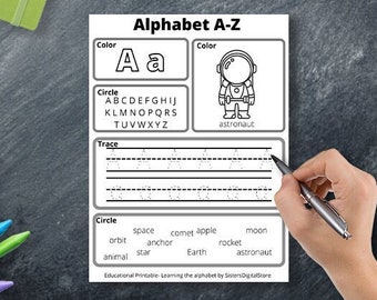 Alphabet Worksheet Digital Download, ABC Printable Worksheets, Printable Alphabet Worksheets, Outerspace Children’s Alphabet Worksheet