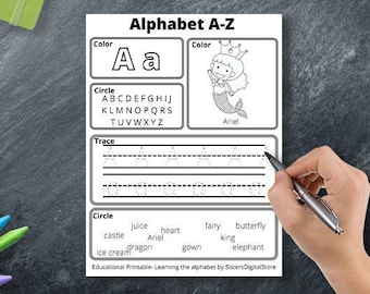 Alphabet Worksheet Digital Download, ABC Printable Worksheets, Printable Alphabet Worksheets, Princess Children’s Alphabet Worksheet
