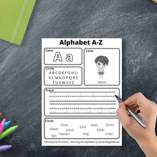 Alphabet Worksheet Digital Download, ABC Printable Worksheets, Printable Alphabet Worksheets, Bible Children’s Alphabet Worksheet