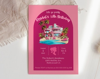 Pink Doll Party Invitation, Doll Birthday Party, Lets Go Party Birthday Invitation, Pink Birthday Invitation, Beach Birthday, Pool Party