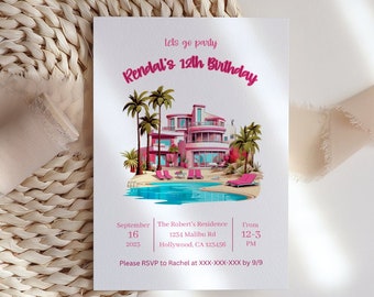 Doll Party Invitation, Doll Birthday Party, Lets Go Party Birthday Invitation, Pink Birthday Invitation, Beach Birthday Party, Pool Party