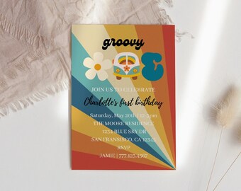 Retro First Birthday, Groovy One Birthday Invitation, One Groovy Babe, Groovy One, Groovy First Birthday, 1st Birthday, Hippie Party