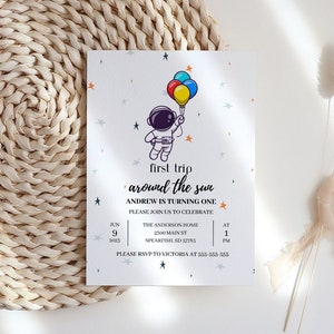 Invitación del primer viaje alrededor del sol, primer cumpleaños, cumpleaños del astronauta, primer viaje alrededor del sol, primer cumpleaños del espacio exterior, imprimible