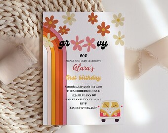 Groovy One Birthday Invitation, One Groovy Babe, Groovy One, Groovy First Birthday, 1st Birthday, Hippie Party, Retro First Birthday