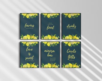 Navy Blue Lemon Bridal Shower Sign Set, Printable Signage, Food and Beverage Sign, Lemon Bridal Shower, Wedding Signs, Printable Signage