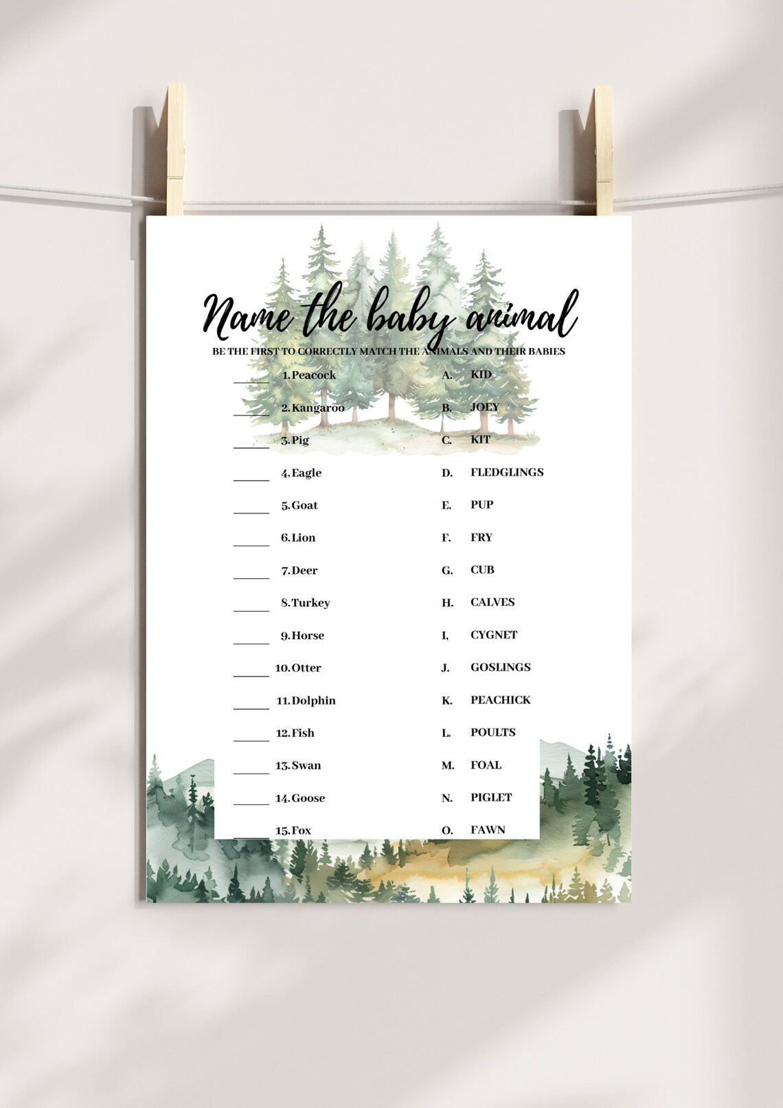 Watercolor Forest Baby Shower Games, Woodland Creature Theme, Printable