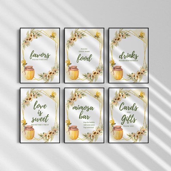 Bride to Bee Bridal Shower Table Signs, She Found Her Honey Bridal Shower Sign Set, Printable Signage, Food and Beverage Sign, Wedding Signs