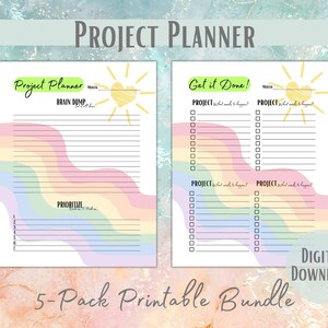 May include: A printable project planner with a rainbow design. The planner includes sections for brainstorming, prioritizing, and listing project tasks. The text "Get it Done!" and "Project Planner" is included in the image.