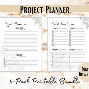 May include: A printable project planner with floral designs. The planner includes sections for brain dumping, prioritizing, and getting things done. The text "Project Planner" and "Get it Done!" is included in the image.