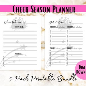 May include: A printable cheer season planner with a gray and white color scheme. The planner includes sections for season ideas, prioritizing tasks, and a "Get it Done!" section with checklists for projects. The planner features a silhouette of cheerleaders with pom-poms and a starburst design.