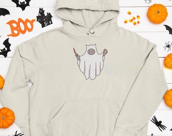 Gato bonito do fantasma do Dia das Bruxas Moletom Com Capuz | Moletom confortável para o Dia das Bruxas | Animal pequeno bonito assassinado-para fora moletom com capuz | moletom com capuz do Dia das Bruxas | Roupas fofas para gatos