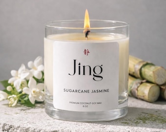 Sugarcane Jasmine Candle | 8oz Glass Jar | Asian-Inspired Handmade Scented Candle | Natural Soy Coconut Wax
