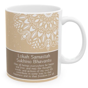 Mindfulness Mug | Mantra for Happiness and Freedom | Lokah Samastah Sukhino Bhavantu | Sanskrit Meditation | Gift for Mother Sister Friend